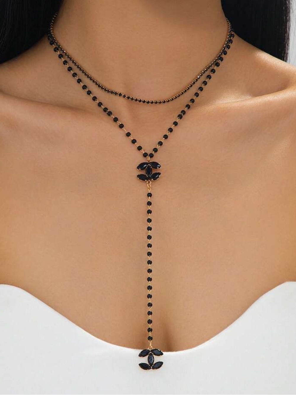 Delicate Black Beaded Y-Drop Necklace - Women Jewelry